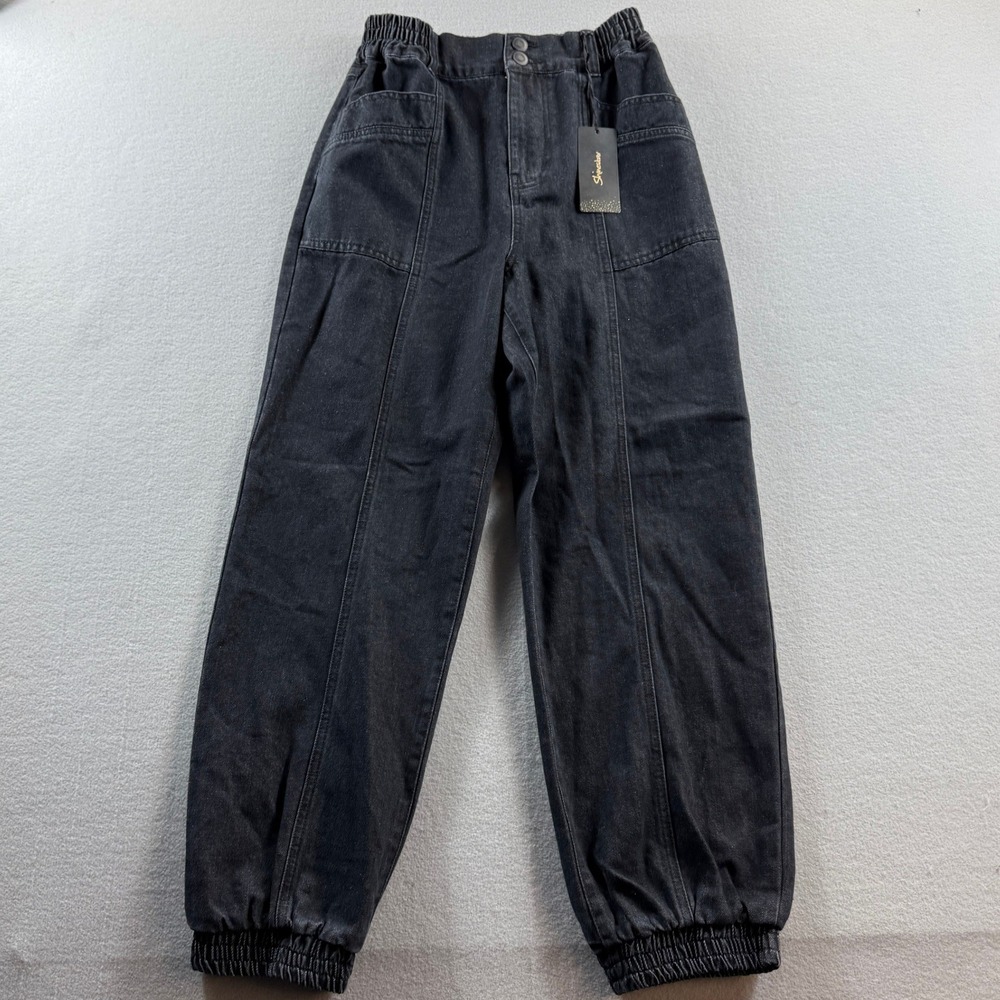Shinestar Jogger Jeans Womens Size M Black Denim High Rise Elastic Waist 25x27